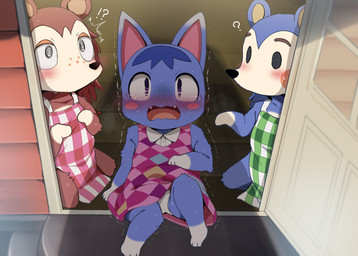 anthro apron biped black_nose bodily_fluids clothed clothing eyebrows fangs female fur group multicolored_body multicolored_fur open_mouth panties tears teeth trio underwear upskirt dagasi animal_crossing nintendo mabel_able rosie_(animal_crossing) sable_able domestic_cat eulipotyphlan felid feline felis hedgehog mammal 2025 digital_media_(artwork) hi_res