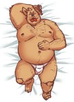 anthro bed briefs brown_body bulge clothing furniture humanoid_hands kemono lying male moobs navel nipples overweight overweight_male solo tongue tongue_out underwear white_briefs white_clothing white_underwear amamiya canid canine canis domestic_dog mammal 2023 hi_res