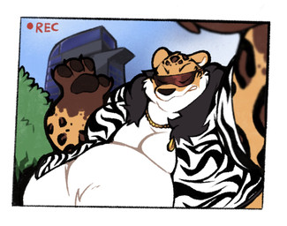 annoyed anthro belly big_belly blue_sky brown_body brown_fur building camera_view chain clothing double_chin eyewear fat_arm fur gold_(metal) gold_chain huge_belly jacket male moobs morbidly_obese morbidly_obese_anthro morbidly_obese_male obese obese_anthro obese_male overweight overweight_anthro overweight_male paws plant recording red_eyewear red_sunglasses sky skyscraper solo spots sunglasses topwear tree white_body white_fur yellow_body yellow_fur boot_(artist) 2k_(boot) felid leopard mammal pantherine 2020 dialogue_in_description hi_res