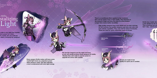anthro arrow_(weapon) bow_(weapon) breasts clothed clothed_anthro clothed_female clothing dress female fur gloves hair handwear magic magic_user melee_weapon pink_hair ranged_weapon rapier red_eyes solo superhero sword text weapon white_body white_fur yumibaker emilie_clovis lagomorph leporid mammal rabbit english_text hi_res model_sheet