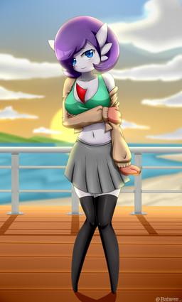 blue_eyes bottomwear clothing detailed_background female gloves hair hand_on_arm handwear legwear navel purple_hair skirt solo sunset thigh_highs baterco nintendo pokemon gardevoir generation_3_pokemon pokemon_(species) 2021 absurd_res hi_res signature