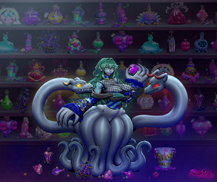 3_heads big_breasts blue_body blue_skin breasts choker clothing ear_fins female female_humanoid fin fishnet_clothing glowing glowing_markings green_eyes hair head_tentacle horn jacket jewelry markings multi_head necklace potion_bottle red_eyes sharp_teeth solo teal_hair teeth tentacles topwear wide_hips yellow_eyes lilith-art spacefur kath'ool_(deathwing_vt) aquatic humanoid scylla absurd_res hi_res