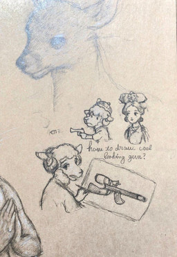 anthro bullet clothing dialogue duo ears_down eyebrows female feral fur gun hat headgear headwear holding_gun holding_object holding_ranged_weapon holding_weapon horn looking_at_another looking_at_viewer male male/female open_mouth pivoted_ears ranged_weapon shooting_gun text weapon wearing_hat wool_(fur) reynard_goodfellow reynard_the_baa bovid caprine deer mammal sheep