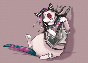 :o alternative_fashion barefoot belt black_body black_fur black_hair blue_hair clothed clothing cosplay cute_fangs electric_guitar fangs feet female feral fur green_tail guitar hair humor long_hair looking_up multicolored_body multicolored_fur multicolored_hair multicolored_tail musical_instrument open_mouth pink_eyes pink_hair pink_nose pink_tail plucked_string_instrument pupils purple_background scene_(fashion) sharp_teeth shirt simple_background slit_pupils small_fangs solo string_instrument tail teeth tongue topwear white_body white_fur white_hair ceipr danganronpa danganronpa_2 guitar_cat spike_chunsoft ibuki_mioda domestic_cat felid feline felis mammal 2020 crossover hi_res meme