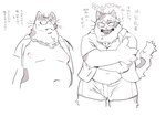 anthro bell bell_necklace belly big_belly blush bottomwear clothed clothing deep_navel male moobs navel nipples open_clothing open_shirt open_topwear overweight overweight_male shirt shorts simple_background smile solo text topwear whiskers bebebebebe domestic_cat felid feline felis mammal greyscale hi_res japanese_text monochrome translation_request