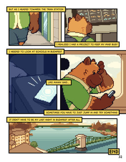 anthro brown_body brown_fur clothed clothing detailed_background electronics fur holding_object holding_phone male outside overweight overweight_anthro overweight_male phone smile solo text conditional_dnp mabit gabe_(mabit) capybara caviid mammal rodent 2026 comic digital_media_(artwork) english_text hi_res pixel_(artwork)