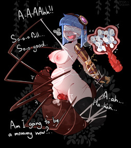 arthropod_webbing bdsm blue_hair bodily_fluids bondage bound breasts breath clothing duo egg egg_in_vagina egg_insertion eyes_closed female feral genitals hair human_penetrated impregnation insectophilia legwear male male/female monster_on_female oviposition ovipositor penetration penis sex stockings sweat text vaginal vulva web_bondage orcaocean arachnid arthropod human mammal spider absurd_res hi_res