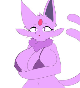 anthro big_breasts bra breasts clothing embarrassed female female_anthro fur hand_behind hand_on_chest holding_breast neck_tuft pokemorph purple_body purple_eyes purple_fur simple_background solo standing tuft underwear white_background ohuryh nintendo pokemon eeveelution espeon generation_2_pokemon pokemon_(species) absurd_res hi_res