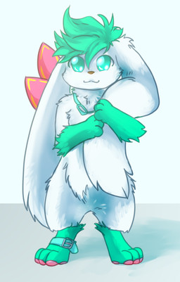 3_fingers 3_toes ambiguous_gender anthro brown_nose chest_tuft collar eyewear feet fingers flower fur goggles goggles_around_neck green_body green_eyes green_fur hair long_ears looking_at_viewer pawpads paws plant simple_background solo teal_hair toes tuft white_background white_body white_fur murzikteijiro nintendo pokemon generation_4_pokemon legendary_pokemon pokemon_(species) shaymin sky_forme_shaymin 2019 absurd_res hi_res