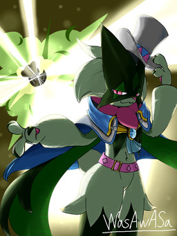 3_fingers ambiguous_gender anthro belt cape claws clothing explosion finger_claws fingers flower_(anatomy) fur green_body green_fur hat headgear headwear holowear_(pokemon) mask pawpads paws pink_eyes pink_nose solo top_hat wasawasa nintendo pokemon pokemon_unite phantom_thief_style_meowscarada generation_9_pokemon meowscarada pokemon_(species) 3:4