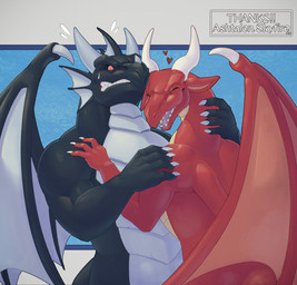 anthro black_body claws dorsal_fin dorsal_frill ear_fins fin frill_(anatomy) grey_body heart_symbol horn male multicolored_body red_body red_eyes red_skin smile spines wings sugitaku mythology ashtalon negadrake dragon mythological_creature mythological_scalie scalie 2024 hi_res