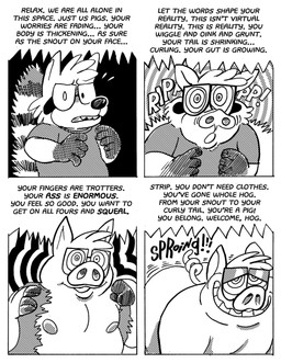 anthro clothing dialogue eyewear glasses half-closed_eyes hypnosis male mind_control narrowed_eyes nipples overweight overweight_male ringed_eyes smile solo submissive submissive_male tearing_clothing text torn_clothing transformation wearing_glasses weight_gain billy_fore domestic_pig mammal procyonid raccoon suid suine sus_(pig) black_and_white comic english_text hi_res monochrome