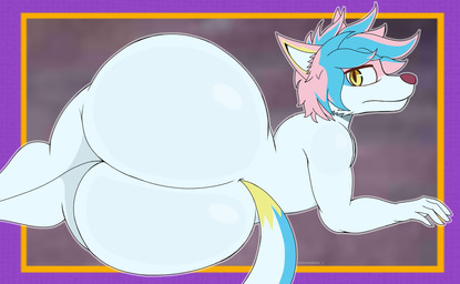 ambiguous_gender anthro big_butt blue_body blue_hair butt fingers hair huge_butt hyper hyper_butt looking_at_viewer lying multicolored_hair multicolored_tail nude nude_anthro on_front pink_hair side_view simple_background solo tail yellow_eyes samucafujiwara canid canine fox mammal 2025 digital_drawing_(artwork) digital_media_(artwork) hi_res signature