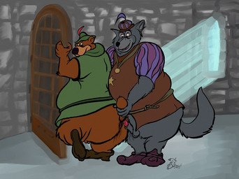 animal_genitalia animal_penis anthro anus balls belly belt big_belly big_butt bodily_fluids bottomless butt bycocket canine_genitalia canine_penis clothed clothing duo erection footwear genital_fluids genitals hat hat_feather headgear headwear imminent_sex looking_back looking_down loose_feather male male/male medallion obese obese_anthro obese_male open_door overweight overweight_anthro overweight_male penis precum shirt shoes smile standing star stone_wall tail tail_grab topwear tunic wall_(structure) window baloobear disney robin_hood_(disney) little_john sheriff_of_nottingham bear brown_bear canid canine canis mammal ursine wolf