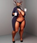 3d_(artwork) 5_fingers absurd_res american_mythology anthro antlers areola big_breasts big_ears big_tongue biped black_body black_fur black_nipples black_nose bodily_fluids breasts brown_body brown_fur clothed clothing coat container crossgender cup curvy_figure deer digital_media_(artwork) exposed_breasts female fingers floor fur hi_res holding_container holding_cup holding_object hooves horn huge_breasts indigenous_north_american_mythology inside inverted_nipples lactating looking_at_viewer mammal mature_female milk mostly_nude mythology nipples north_american_mythology nude open_clothing open_coat open_mouth open_topwear robe simple_background slightly_chubby slightly_chubby_female smile solo specimen_8 spooky's_jump_scare_mansion steam tall teeth thick_thighs topwear underwear voluptuous wendigo white_eyes wide_hips xionxiii