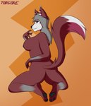 anthro butt ear_piercing ear_ring female fur grey_hair hair looking_at_viewer nipples nude pawpads piercing red_body red_eyes red_fur ring_piercing solo torgore canid canine canis fox hybrid mammal wolf absurd_res hi_res