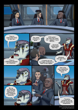3_fingers 4_arms 4_eyes anthro bald biped black_claws chair claws dark_body dark_skin dialogue dialogue_box fingers furniture group hair light_body light_skin male multi_arm multi_eye multi_limb open_mouth purple_hair scar speech_bubble suit_and_tie text yellow_eyes darth_biomech leaving_the_cradle zane_htrua_sha alien human mammal raharr 2025 colored comic english_text hi_res url