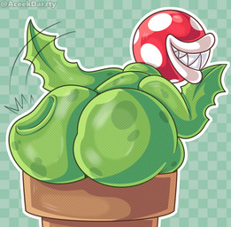 abstract_background ambiguous_gender anthro big_butt butt butt_slap checkered checkered_background eyeless glistening glistening_body glistening_butt green_body green_spots grin grinning_at_viewer huge_butt leaf leaf_arms lips motion_lines multicolored_body pattern_background plant plant_pot potted_plant pottery presenting presenting_hindquarters rear_view sharp_teeth simple_background slap slapping_self smile smiling_at_viewer solo spots spotted_butt teasing teasing_viewer teasing_with_butt teeth text thick_thighs white_spots aceekdarzty conditional_dnp mario_bros nintendo elemental_creature flora_fauna piranha_plant 2026 artist_name hi_res
