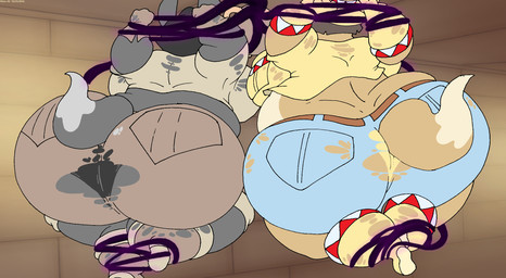 ambiguous_gender anthro belly belt big_belly big_breasts big_butt black_hair boots bottomwear bound breasts brown_hair butt clothing female footwear fur gloves grey_body grey_fur group hair handwear hat headgear headwear huge_breasts huge_butt huge_thighs jacket multicolored_body multicolored_fur obese obese_anthro obese_female one_eye_obstructed open_mouth overweight overweight_anthro overweight_female panties shirt shoes shorts tan_body tan_fur thick_thighs topwear torn_boots torn_bottomwear torn_clothing torn_crop_top torn_gloves torn_handwear torn_jacket torn_shirt torn_shorts torn_topwear trio two_tone_body two_tone_fur underwear vase weight_gain virus-20 aziza_jackal june_coyote canid canine canis coyote jackal mammal spirit 2024 digital_media_(artwork) hi_res