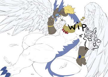 anthro blonde_hair blue_body blue_eyes chibi clothing eyewear eyewear_on_head feathered_wings feathers furgonomic_piercing furgonomics gloves goggles goggles_on_head hair handwear looking_at_viewer male multicolored_body piercing smile solo tail two_tone_body white_body wing_piercing wings ao_gravity legendz mythology shiron dragon mythological_creature mythological_scalie scalie windragon absurd_res hi_res watermark