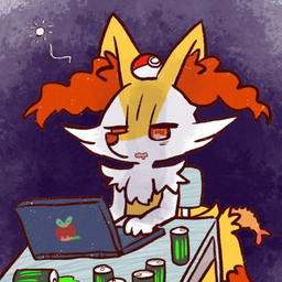 ambiguous_anthro ambiguous_gender anthro beverage_can biped bodily_fluids chair computer drooling electronics eye_bags food front_view furniture half-closed_eyes inside laptop narrowed_eyes object_in_tail object_on_head open_mouth pokeball saliva shrimp_(food) simple_background sitting snout solo table tail annyui0611 monster_energy nintendo pokemon braixen canid generation_6_pokemon mammal pokemon_(species) 1:1 2022 digital_drawing_(artwork) digital_media_(artwork) hi_res japanese_description translated_description