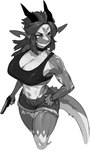 5_fingers anthro bottomwear breasts clock clothed clothed_anthro clothed_female clothing collar female fingers front_view fully_clothed fully_clothed_anthro fully_clothed_female fur gun hair holding_gun holding_object holding_ranged_weapon holding_weapon horn looking_aside navel ranged_weapon simple_background solo standing tail topwear watch weapon white_background wristwatch pgm300 mythology chabett dragon mythological_creature mythological_scalie scalie 2024 digital_media_(artwork) hi_res monochrome