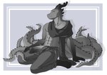 9_tails anthro bottomwear clothing dav0 erection genitals horn humanoid_genitalia looking_at_viewer male multi_tail penis scarf simple_background solo tail doodlelu1992 mythology solly dragon mythological_creature mythological_scalie scalie digital_media_(artwork)