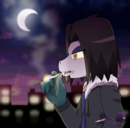 anthro black_hair bodypaint brown_eyes cigarette city city_background claws clothed clothing crescent_moon eyeshadow face_paint facial_hair fangs fur_trim_(clothing) goatee green_body hair jacket juggalo makeup male moon night open_clothing open_jacket open_topwear smoke smoking smoking_cigarette solo teeth topwear nerointruder nero_(nerointruder) alligator alligatorid crocodilian reptile scalie hi_res