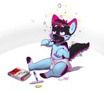 anthro clean_diaper clothed clothing diaper female inebriated marker markers simple_background sitting solo wearing_diaper young young_anthro scuzzyfox canid canine canis domestic_dog mammal absurd_res hi_res