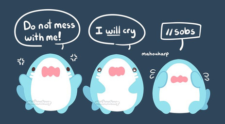 ambiguous_gender blue_body bodily_fluids chibi covering cross-popping_vein crying dialogue dot_eyes front_view glowing glowing_eyes multicolored_body open_mouth simple_background simple_eyes sitting solo speech_bubble standing tears text two_tone_body white_body mahoukarp aquatic fish shark 2022 digital_media_(artwork) english_text watermark widescreen