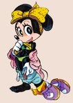 anthro black_body black_eyes bow_ribbon bra breasts clothing female gloves handwear looking_at_viewer panties solo underwear undressing motorboatwillie disney minnie_mouse mammal mouse murid murine rodent hi_res