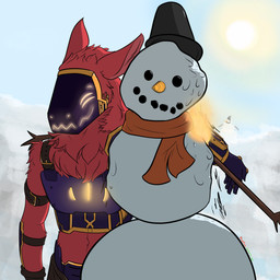 anthro armor bottomwear clothing coal fire fur gauntlets gesture gloves gold_(metal) handwear humor machine male melting outside prosthetic prosthetic_arm prosthetic_limb red_body red_fur scarf smile snow snowman solo standing stick sun bluesnowart ember_(skiddy) protogen 1:1 absurd_res hi_res