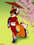 anthro asian_clothing barefoot breasts cherry_blossom clothing east_asian_clothing feet female flower holding_parasol inner_ear_fluff looking_up multi_tail plant prunus_(flower) smile solo tail tuft halcy0n canid canine fox mammal 2022 3:4 hi_res