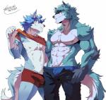 2018 5_fingers abs anthro biceps black_nose blue_body blue_eyes blue_fur blush bottomwear bulge canid canine canis clothed clothing clothing_lift detailed_bulge duo fingers fur genital_outline hi_res kemono looking_at_viewer male mammal multicolored_body multicolored_fur muscular muscular_male nipples pants pecs penis_outline portrait shirt shirt_lift simple_background smile standing tamazuki_akiyama three-quarter_portrait three-quarter_view topless topwear two_tone_body two_tone_fur underwear undressing white_background white_body white_fur wolf