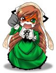 anthro blush clothed clothing dress female green_eyes hair heterochromia long_hair looking_at_viewer red_eyes simple_background solo white_background unknown_artist rozen_maiden furseiseki_(character) canid canine fox mammal low_res