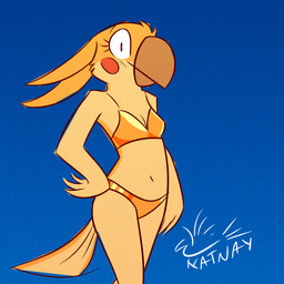 anthro beak bikini blush breasts cleavage clothed clothing feathers female gold_bikini hand_on_hip navel non-mammal_breasts non-mammal_navel purple_eyes simple_background skimpy small_breasts smile solo swimwear two-piece_swimsuit yellow_body yellow_feathers katnay golden_week dalia_(katnay) avian bird cockatiel cockatoo parrot 1:1 hi_res meme