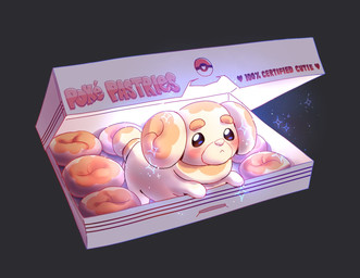 :< all_fours ambiguous_gender big_ears blush box bread brown_eyes container dessert doughnut eyebrows feet feral food frown glistening glistening_eyes grey_background heart_symbol long_tail multicolored_body multicolored_ears multicolored_tail neck_tuft pastry pokeball quadruped round_ears shadow simple_background small_mouth solo sparkles tail tan_body tan_ears tan_eyebrows tan_tail text toony tuft white_body white_ears white_nose white_tail larosasart nintendo pokemon animate_inanimate canid canine fidough food_creature generation_9_pokemon mammal pokemon_(species) 2022 english_text hi_res