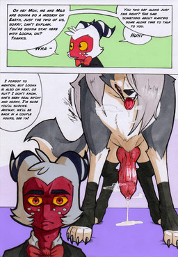 animal_genitalia animal_penis anthro big_penis canine_genitalia canine_penis cartoon_freckles dialogue duo erection eyebrows facial_tuft feral freckled_face freckles genitals gynomorph gynomorph_feral hair in_heat intersex intersex_feral knot male open_mouth penis red_body red_eyes simple_background tail text thousand_yard_stare tongue tuft white_background white_hair yellow_sclera rotten_owl hellaverse helluva_boss mythology feral_loona_(helluva_boss) loona_(helluva_boss) moxxie_(helluva_boss) canid canid_demon canine demon hellhound imp mammal mythological_canine mythological_creature absurd_res comic english_text hi_res traditional_media_(artwork)