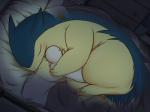 4:3 ambiguous_gender bed bed_sheet bedding blanket cuddling daww duo eyes_closed feral fklow furniture generation_2_pokemon hi_res human kemono lying mammal nintendo on_side pokemon pokemon_(species) sleeping translucent typhlosion