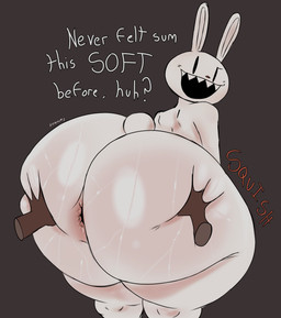 anthro anus big_butt bodily_fluids butt disembodied_hand glistening glistening_butt hand_on_butt huge_butt huge_hips huge_thighs hyper hyper_butt hyper_hips hyper_thighs long_ears looking_back male open_mouth question_mark rear_view sagging_butt sharp_teeth small_tail solo sweat sweaty_butt tail talking_to_another teeth text thick_thighs touching_butt wide_hips zeraniumz sam_and_max max_(sam_and_max) lagomorph leporid mammal rabbit 2025 absurd_res english_text hi_res