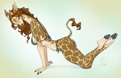 anthro bikini braided_hair brown_body brown_hair clothing cloven_hooves female fur green_eyes hair hooves horn long_neck looking_at_viewer markings ossicone pose skinny solo spots spotted_body spotted_fur spotted_markings spotted_tail string_bikini swimwear tail tail_markings tail_tuft tall tan_body tan_fur tuft two-piece_swimsuit landysh gracey_halvenka giraffe giraffid mammal