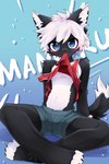 4_toes anthro barefoot black_body black_fur blue_eyes blush bottomwear claws clothed clothing clothing_in_mouth clothing_lift crossed_legs cute_fangs fangs feet fur hair kemono looking_at_viewer male male_anthro mouth_hold multicolored_body multicolored_fur multicolored_tail navel paws shirt short_hair shorts sitting solo tail tank_top teeth toe_claws toeless_(marking) toes topwear two_tone_body two_tone_fur two_tone_tail white_body white_fur white_hair young young_anthro young_male zorodora mofu_mofu_mamoru canid canine canis mammal wolf 2023 digital_media_(artwork) hi_res