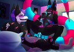 anthro bed bedroom black_body black_fur blue_body blue_eyes blue_fur blue_hair blue_penis blush blush_lines bodily_fluids countershade_torso countershading cowgirl_position cum cum_drip cum_in_ass cum_inside cum_on_penis door dripping duo ejaculation eye_contact from_front_position fur fur_markings furniture genital_fluids genitals grey_body grey_fur grin hair knot knotted_penis looking_at_another looking_down looking_pleasured looking_smug male male/male markings masturbation multi_knot multicolored_body multicolored_hair multicolored_penis on_bottom on_top penetration penile penile_penetration penis pillow pink_eyes pink_nose pink_penis pink_sclera poster purple_body purple_fur purple_hair scar seductive sex sharp_teeth size_difference smile smug spots spotted_body spotted_fur sub_on_top tattoo teeth white_body white_fur artfox26 generic_fur ampwave avian bird chicken galliform gallus_(genus) hybrid hyena mammal phasianid skulldog_(species) absurd_res hi_res
