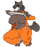 anthro areola big_breasts bone breasts brown_body clothing clothing_pull crouching exposed_breasts female nipples orange_jumpsuit shirt showing_chest skull skull_head solo tail thick_thighs topwear white_clothing white_shirt white_topwear wide_hips partb_(artist) scp_foundation mal0 scp-1471-a canid canine mammal skulldog_(species)