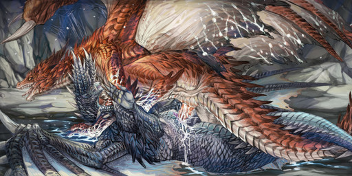 animal_genitalia black_body bodily_fluids claws clitoris cum cum_in_vagina cum_inside duo fangs female feral genital_fluids genitals male male/female orgasm orgasm_face penetration penile penile_penetration penis_in_vagina presenting presenting_vulva red_body slit_penetration slit_play spread_legs spreading tail teeth teeth_showing toe_claws vaginal vaginal_fluids vaginal_penetration vulva greatwhite1122 capcom european_mythology monster_hunter mythology alatreon dragon elder_dragon mythological_creature mythological_scalie safi'jiiva scalie western_dragon absurd_res hi_res huge_filesize