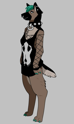 anthro brown_body brown_fur clothing digitigrade female fur green_hair hair piercing solo blackshirtboy canid canine canis domestic_dog german_shepherd herding_dog mammal pastoral_dog 3:5 source_request