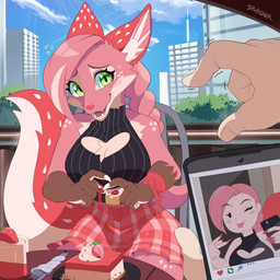 anthro bangs biped black_bottomwear black_clothing black_skirt blush blush_lines bottomwear breasts cake cartoon_freckles cellphone chest_tuft clothed clothing dessert electronics eyelashes facial_tuft female food freckled_shoulders freckles fruit green_eyes holding_cellphone holding_object holding_phone long_eyelashes one_eye_closed phone pink_bottomwear pink_clothing pink_skirt plant pupils sitting skirt smile solo_focus strawberry tuft wink drawligator canid canine food_creature hybrid mammal 1:1 2026 absurd_res digital_media_(artwork) hi_res