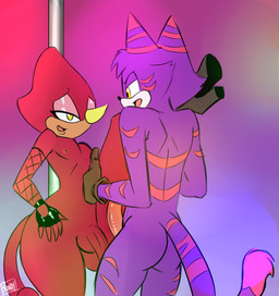 anthro arm_warmers armwear balls big_butt butt canon_x_oc clothing duo erection femboy fingerless_gloves fishnet_clothing genitals gloves half-erect handwear imminent_sex leg_grab legwear male male/male penis pole raised_leg stripper_pole thick_thighs wide_hips pranky sega sonic_the_hedgehog_(series) cheshire_thaddeus_felonious espio_the_chameleon fan_character chameleon cheshire_cat_(species) domestic_cat felid feline felis lizard mammal meller's_chameleon reptile scalie hi_res
