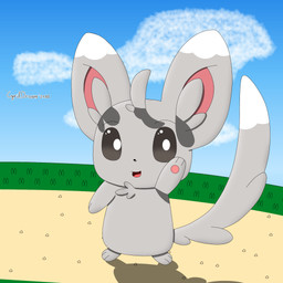 cloud cloudy_sky ear_markings feral front_view fur grass grey_body grey_fur happy looking_at_viewer outside path plant simple_background sky solo standing tuft cyrildraws nintendo pokemon generation_5_pokemon minccino pokemon_(species) 1:1 2024 digital_media_(artwork) hi_res shaded signature