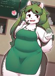 5_fingers anthro apron apron_only belly big_breasts black_eyes blush breasts cafe chalkboard claws clothing container cup curvy_figure cute_fangs dual_holding escaping_heart eyebrows fangs female female_anthro finger_claws fingers fluffy fur green_apron green_clothing green_hair grey_body grey_fur hair heart_reaction heart_symbol holding_container holding_cup holding_object holding_pen holding_writing_utensil huge_thighs information_board kemono long_hair mostly_nude multicolored_body multicolored_fur multicolored_tail neck_tuft open_mouth overweight overweight_anthro overweight_female pen pink_heart slightly_chubby slightly_chubby_anthro slightly_chubby_female solo speech_bubble tail taking_order teeth thick_eyebrows thick_thighs tongue tuft two_tone_body two_tone_fur voluptuous white_body white_fur writing_utensil sakiiti i_mean_breast_milk alaskan_malamute canid canine canis domestic_dog mammal nordic_sled_dog spitz 2021 digital_media_(artwork) meme pictographics portrait three-quarter_portrait translated_description